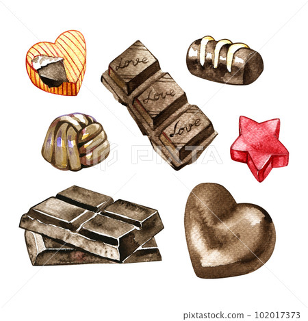 set of chocolates drawing by watercolor at white background, hand drawn design elements 102017373
