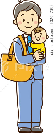 A father in a suit holding a baby with luggage A father in a suit holding a baby with luggage 102017395