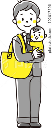 A father in a suit holding a baby with luggage A father in a suit holding a baby with luggage 102017396