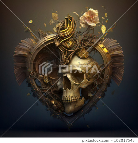 The Intricate Beauty of a Brass Skull in a Baroque-Style Golden Heart 102017543