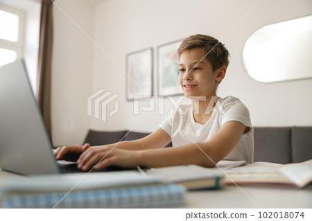 Little kid boy making school homework on laptop while sitting at home in his room Little kid boy making school homework on laptop while sitting at home in his room 102018074