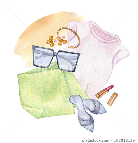 Poster of T-shirt, skirt, sunglasses, lipstick watercolor illustration isolated on white. Woman's summer outfit composition hand drawn. Design for shop, sale, magazine, packaging, showcase, pattern 102018139