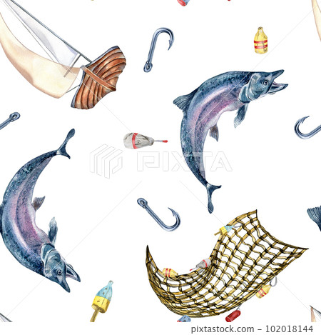Seamless pattern of sea fish and sail boat watercolor illustration isolated on white. Fishing boat and salmon, trout hand drawn. Design element for textile, packaging, wrapping, background, market 102018144