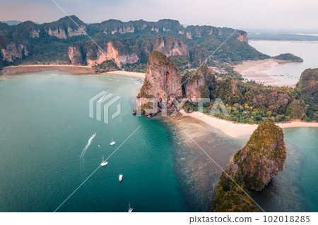 Aerial view of beach at sunset ,Railay beach, Krabi province 102018285