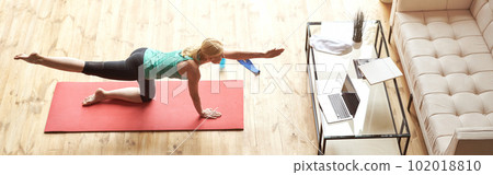 Top view of active mature woman in sportswear having workout on a mat at home in front of laptop monitor Top view of active mature woman in sportswear having workout on a mat at home in front of laptop monitor 102018810