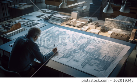 在黑暗的辦公室裡製作藍圖的男性設計師/建築師 102019343