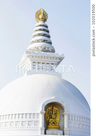 View of Vishwa Shanti Stupa, a Large White Pagoda, Rajgir, Nalanda, Bihar.. 102019500
