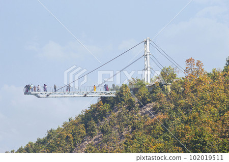 INDIA, BIHAR, NALANDA, February 2023, Tourist at India's First Glass Bridge, 200 feet Height, Rajgir.. INDIA, BIHAR, NALANDA, February 2023, Tourist at India's First Glass Bridge, 200 feet Height, Rajgir.. 102019511