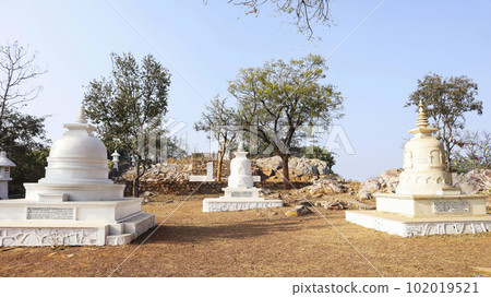Three Small Stupas near Vishwa Shanti Stupa, Rajgir, Nalanda, Bihar .. Three Small Stupas near Vishwa Shanti Stupa, Rajgir, Nalanda, Bihar .. 102019521
