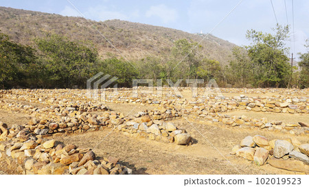 View of Stone Jivakamravana monument, Rajgir, Nalanda, Bihar.. View of Stone Jivakamravana monument, Rajgir, Nalanda, Bihar.. 102019523