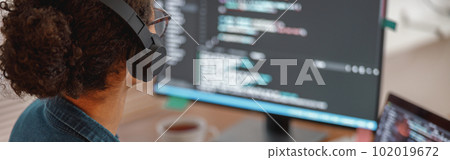 Female freelancer making new project as web designer and programmer on her computer at home office Female freelancer making new project as web designer and programmer on her computer at home office 102019672