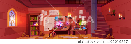 Magic wizard lab background, witch room interior 102019817