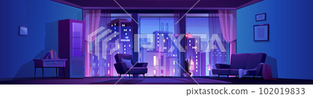 Night living room interior with panoramic window 102019833