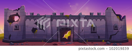 Broken medieval castle stone wall tower background 102019839