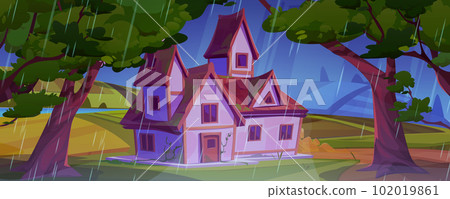 Cartoon house in rain weather vector illustration 102019861