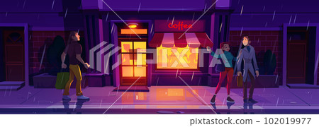 Night street bar in rain, people silhouette relax 102019977