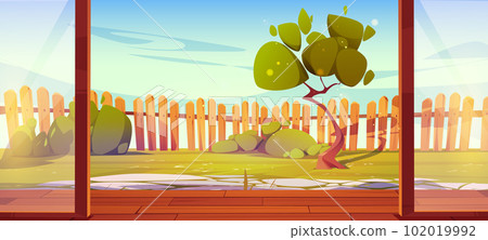 Cartoon backyard view from open glass door Cartoon backyard view from open glass door 102019992