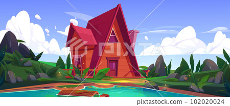 Landscape with cabin on lake coast Landscape with cabin on lake coast 102020024