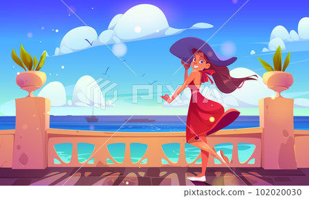 Balcony summer sea view, model in hat on terrace 102020030