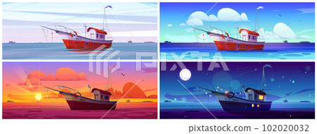Fish boat in sea, commercial ship in ocean vector Fish boat in sea, commercial ship in ocean vector 102020032