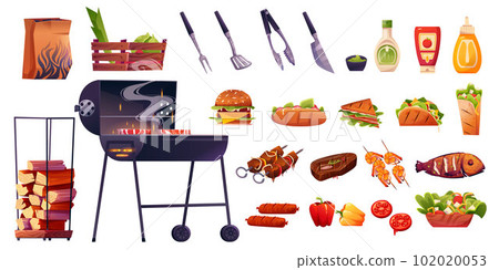 Cartoon bbq grill set for picnic with meat, fish 102020053