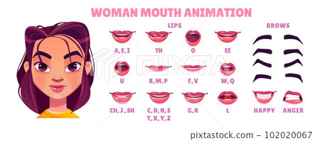 Cartoon woman mouth pronunciation animation set Cartoon woman mouth pronunciation animation set 102020067