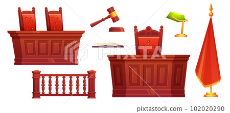 Cartoon court room interior set, trial furniture 102020290
