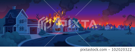 Apocalypse city road with fire building cartoon 102020322