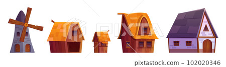 Isolated medieval village house, barn and mill set 102020346