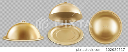 Realistic open and closed golden cloche food trays Realistic open and closed golden cloche food trays 102020517
