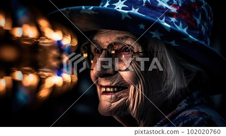 Happy elderly American woman celebrates US Independence Day created with generative AI technology. High quality illustration 102020760
