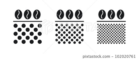 Coffee grain grind size. Ground coffee beans. Fine, medium, coarse grinding degree icons. Vector illustration isolated on white background 102020761