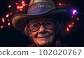Happy elderly American woman celebrates US Independence Day created with generative AI technology. High quality illustration 102020767