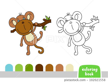 Cute Monkey Coloring Book for Kids Page for Books, Magazines, Vector Illustration Doodle Template 102021558