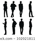 A set of 8 full-body silhouettes of a young businessman standing in a pose like a meeting 102021811