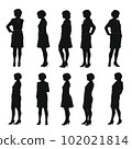 A simple full body silhouette set of a standing young woman wearing a suit 102021814