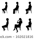 A simple full body silhouette set of a young woman in a suit sitting on a chair 102021816