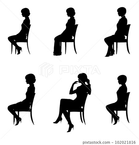 A simple full body silhouette set of a young woman in a suit sitting on a chair 102021816