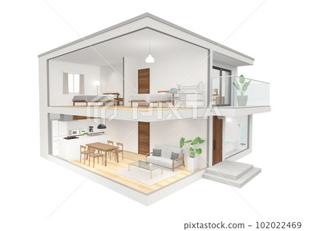 從一個角度看的兩層樓房屋的橫截面 CG 透視圖 102022469