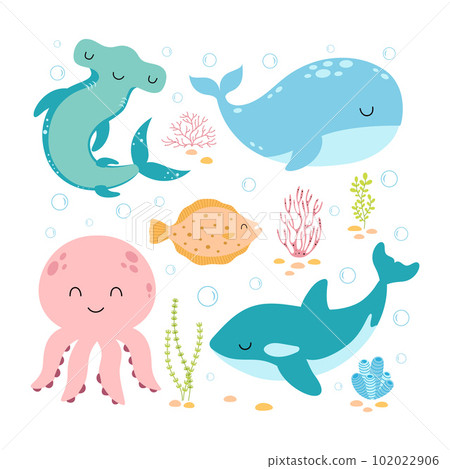 cartoon marine set with cute sea animals 102022906
