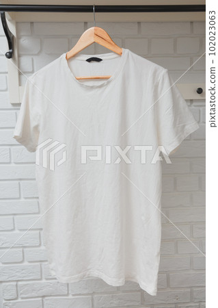 Mock-Up of White Cotton T-Shirt on Wooden Hanger with white interior in backdrop 102023063