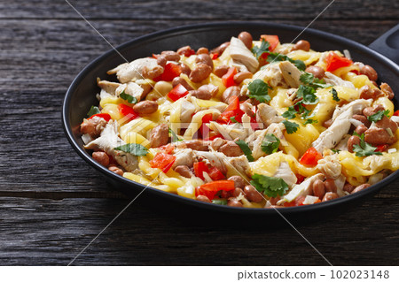 chicken, pinto beans, tomatoes, cheese, top view 102023148