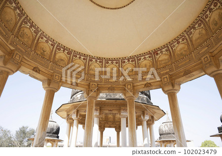 Colourful ceiling of an old chhatri, located in Mandawa, Shekhawati, Rajasthan, India Colourful ceiling of an old chhatri, located in Mandawa, Shekhawati, Rajasthan, India 102023479