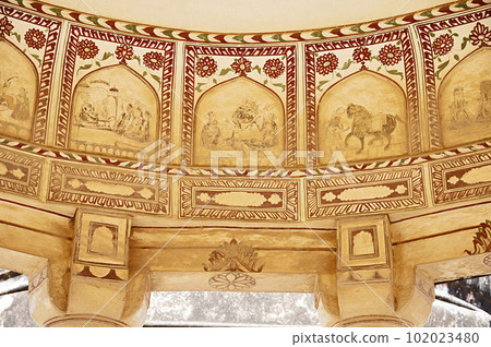 Colourful ceiling of an old chhatri, located in Mandawa, Shekhawati, Rajasthan, India 102023480