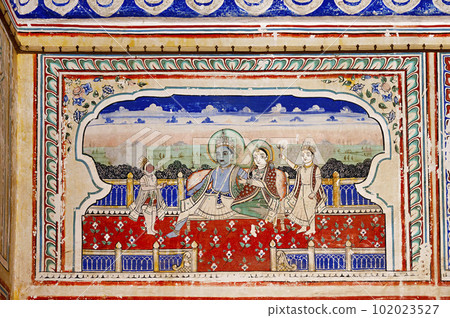 Mythological paintings on the inner wall of Mahansar Castle, built around 1768 A.D. In 2003 this castle converted into a heritage hotel called Narayan Niwas Castle Fort Heritage Hotel Mahansar, Mythological paintings on the inner wall of Mahansar Castle, built around 1768 A.D. In 2003 this castle converted into a heritage hotel called Narayan Niwas Castle Fort Heritage Hotel Mahansar, 102023527
