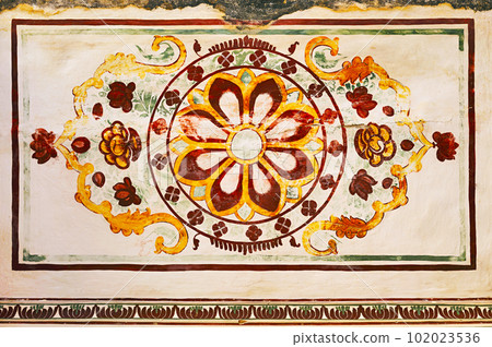 Colourful paintings on the ceiling of Shri Raghunath Ji Ka Bada Mandir, located in Mahansar, Shekhawati, Rajasthan, India Colourful paintings on the ceiling of Shri Raghunath Ji Ka Bada Mandir, located in Mahansar, Shekhawati, Rajasthan, India 102023536