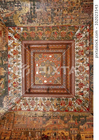 Colourful mythological paintings on the ceiling of Sone - Chandi Ki Dukaan, shop of gold and silver, Mahansar, Shekhawati, Rajasthan, India Colourful mythological paintings on the ceiling of Sone - Chandi Ki Dukaan, shop of gold and silver, Mahansar, Shekhawati, Rajasthan, India 102023543