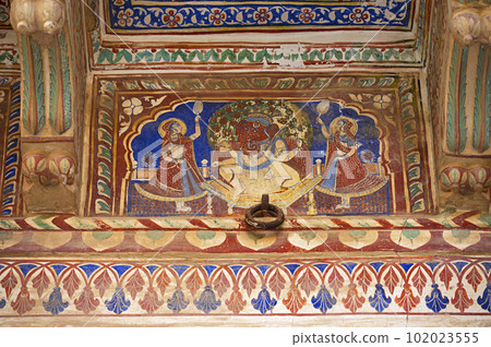 Colourful mythological paintings on the inner wall of Mahansar Castle built around 1768 A.D. In 2003 this castle converted in to a heritage hotel called Narayan Niwas Castle Fort Heritage Hotel. 102023555