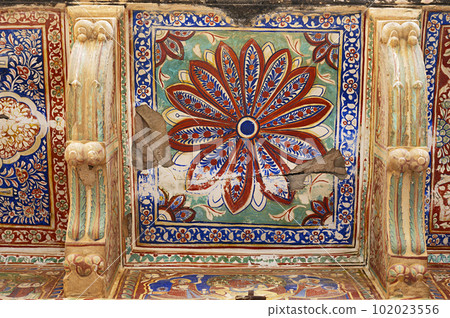 Colourful mythological paintings on the inner wall of Mahansar Castle built around 1768 A.D. In 2003 this castle converted in to a heritage hotel called Narayan Niwas Castle Fort Heritage Hotel. Colourful mythological paintings on the inner wall of Mahansar Castle built around 1768 A.D. In 2003 this castle converted in to a heritage hotel called Narayan Niwas Castle Fort Heritage Hotel. 102023556
