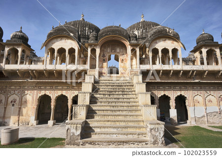 Exteriors of an old chhatri (cenotaph), Seth Anantram Podar and family ki smarak rupi chhatri, located in Ramgarh, Shekhawati, Rajasthan, India 102023559